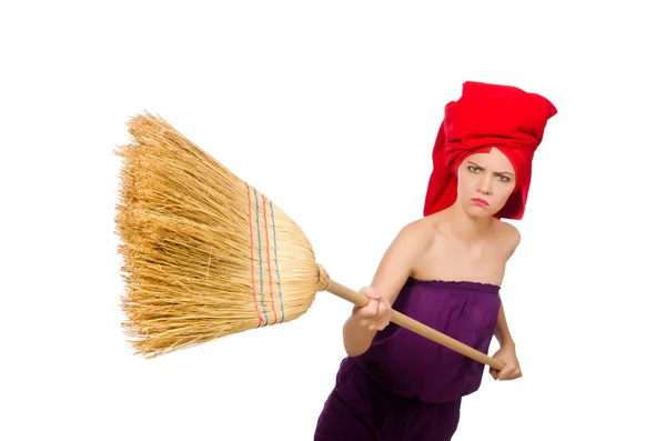 Hausfrau mit Besen isoliert auf weiß — Stockfoto