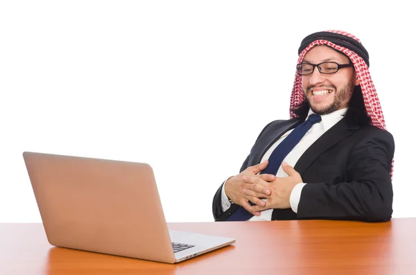 Hombre de negocios árabe con computadora en blanco —  Fotos de Stock