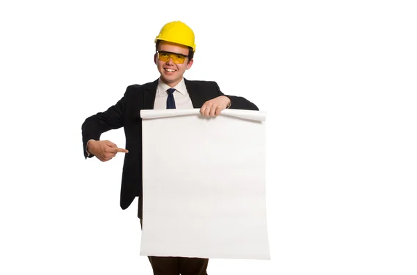 Funny architect with drawings on white — Stock Photo, Image