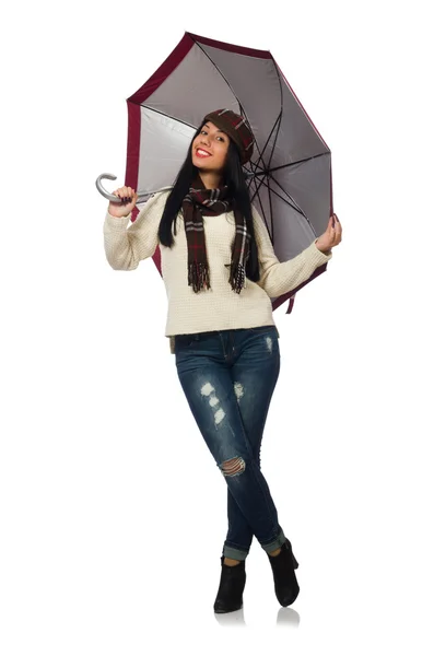 Nainen, jonka sateenvarjo on eristetty valkoisella — kuvapankkivalokuva