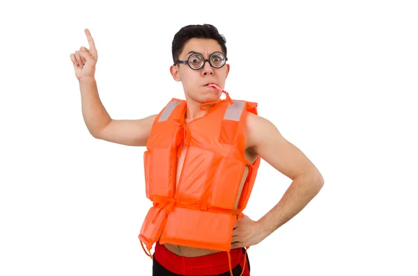 Uomo divertente che indossa giubbotto di sicurezza arancione — Foto Stock