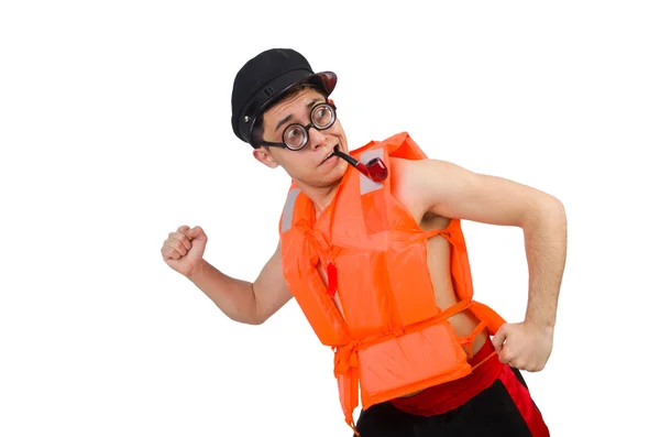 Turuncu güvenlik yeleği giyen komik adam. — Stok fotoğraf