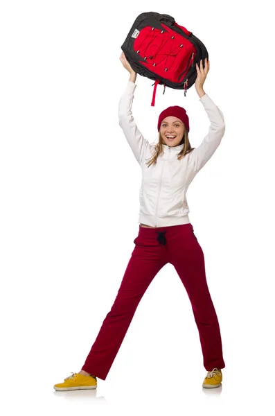Смішний студент з рюкзаком ізольований на білому — стокове фото