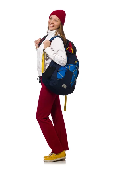Estudante engraçado com mochila isolada em branco — Fotografia de Stock