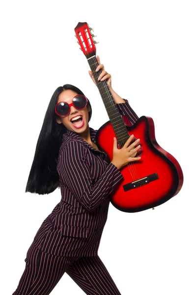 Mulher guitarrista isolado no branco — Fotografia de Stock