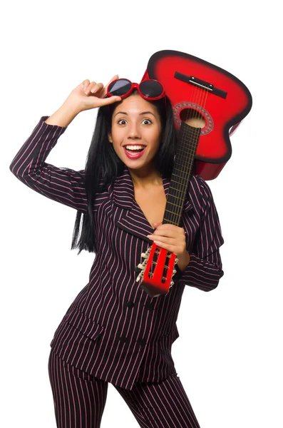 Mulher guitarrista isolado no branco — Fotografia de Stock