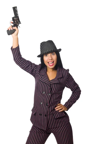 Femme gangster avec pistolet isolé sur blanc — Photo