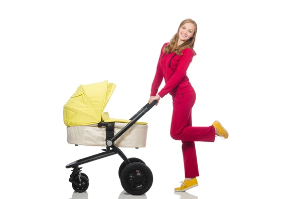 Vrouw met de kinderwagen geïsoleerd op wit — Stockfoto