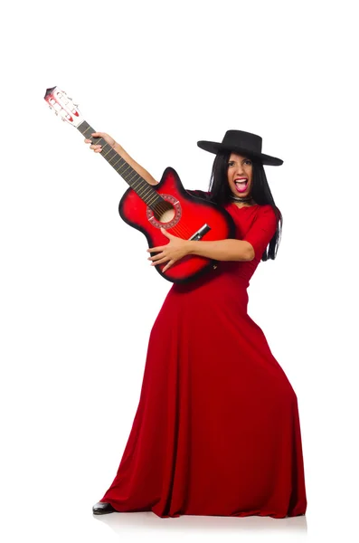 Mulher tocando guitarra isolada no branco — Fotografia de Stock