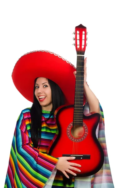 Femme mexicaine guitariste sur blanc — Photo