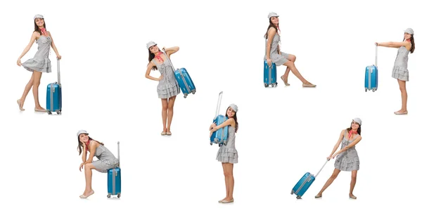 Travelling woman with suitcase isolated on white — Stock Photo, Image