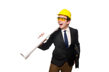 Beyaz üzerine çizimler yapan komik bir mimar.