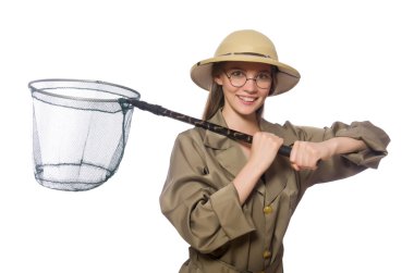 Beyaz safari şapkalı kadın.