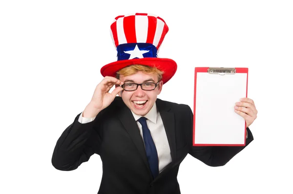 Man bär hatt med amerikanska symboler — Stockfoto