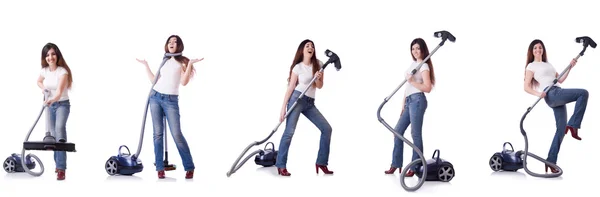 Collage einer Frau, die mit Staubsauger putzt — Stockfoto