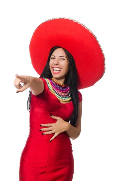 Femme en robe rouge avec sombrero — Photo