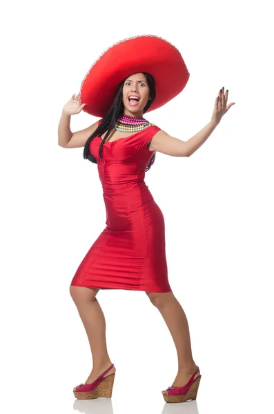 Vrouw in rode jurk met sombrero — Stockfoto