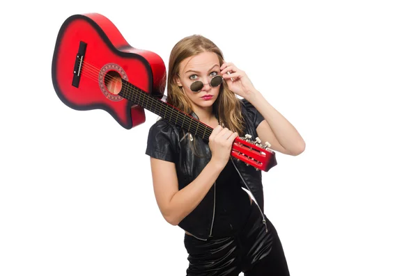 若い女性ギタリスト白で隔離 — ストック写真