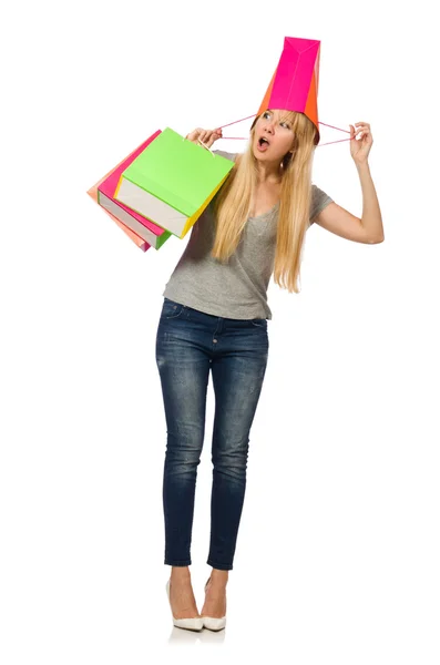 Mujer con bolsas aisladas en blanco — Foto de Stock