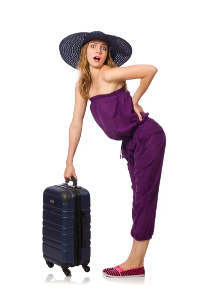 白いスーツケースを着た女性が — ストック写真