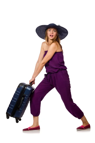 Žena s kufrem izolovaným na bílém — Stock fotografie