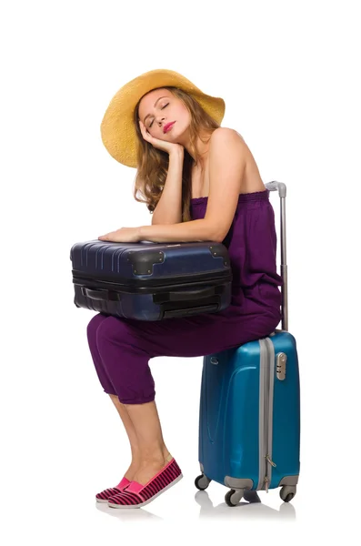 Mujer con maleta aislada en blanco — Foto de Stock