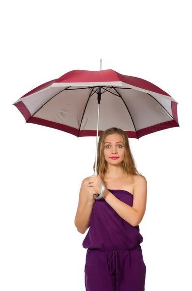 Woman with umbrella isolated on white — Stock Photo, Image