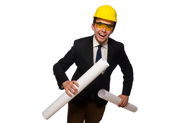 Funny architect with drawings on white — Stock Photo, Image