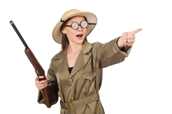 Woman wearing safari hat on white — Stock Photo, Image