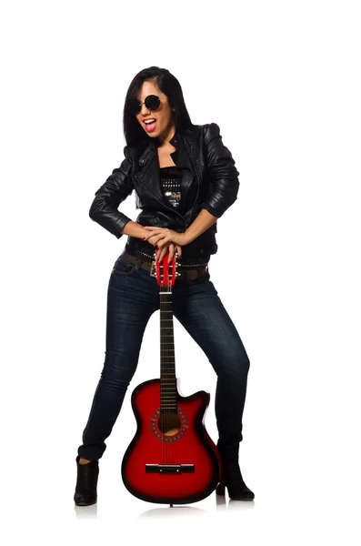 Woman playing guitar isolated on white — Stock Photo, Image