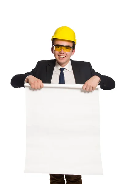 Funny architect with drawings on white — Stock Photo, Image