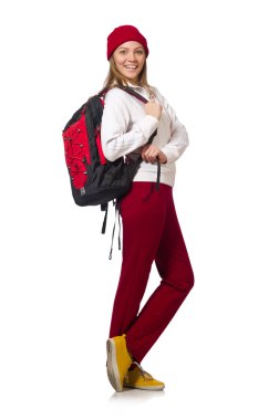 Komik öğrenci üzerinde beyaz izole sırt çantası ile