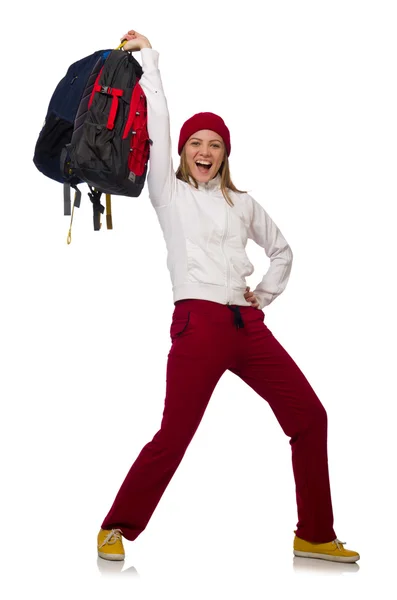 Lustiger Student mit Rucksack auf weißem Hintergrund — Stockfoto