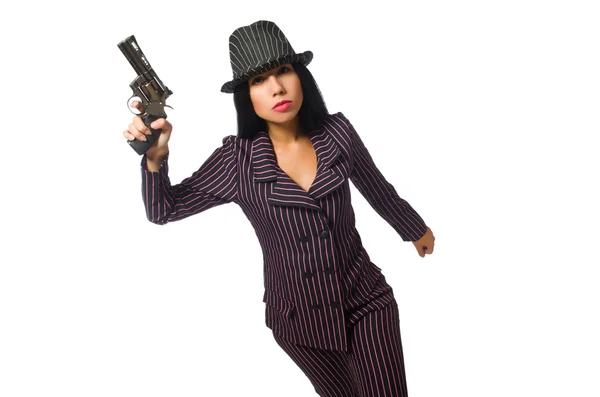 Gangster-Frau mit Waffe isoliert auf Weiß — Stockfoto