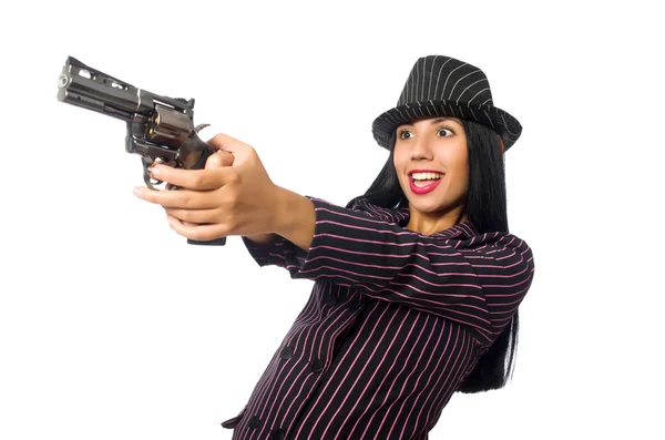 Femme gangster avec pistolet isolé sur blanc — Photo