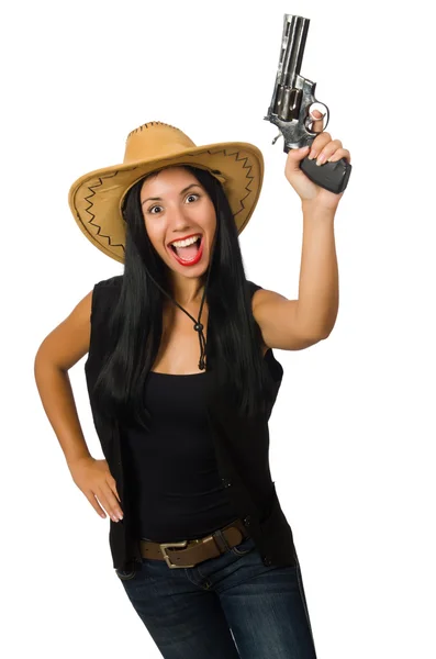 Young woman with gun isolated on white — Stock Photo, Image