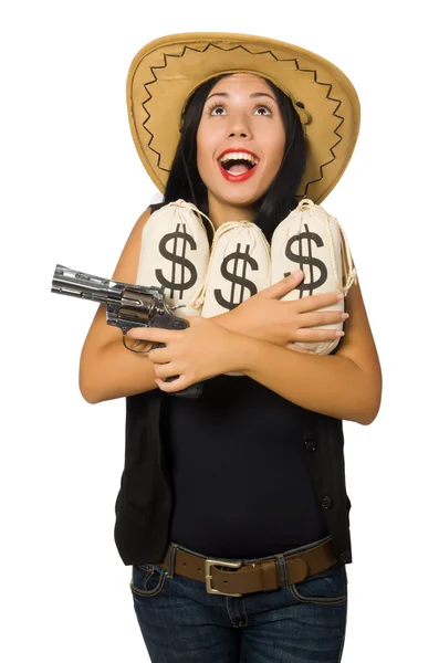Young woman with gun and money sacks — Stock Photo, Image