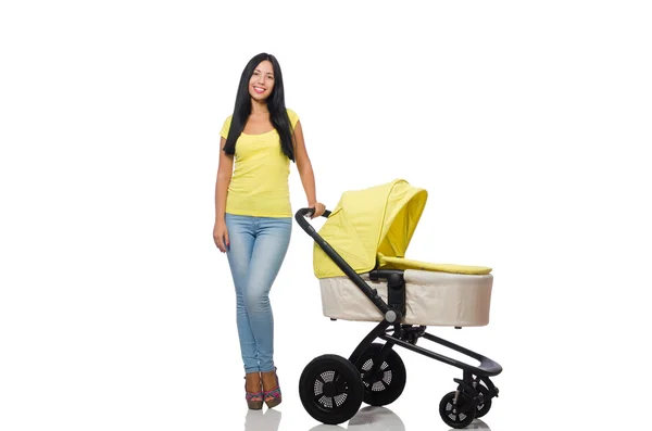 Woman with baby and pram isolated on white — Stock Photo, Image