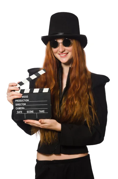 Mujer con tablero de cine aislado en blanco — Foto de Stock