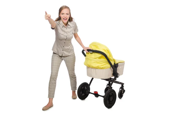 Woman with pram isolated on white — Stock Photo, Image