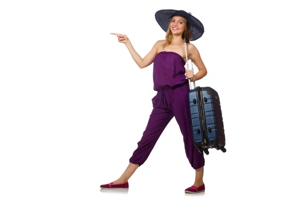 Žena s kufrem izolovaným na bílém — Stock fotografie