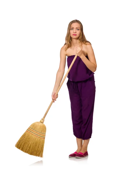 Housewife with broom isolated on white — Stock Photo, Image