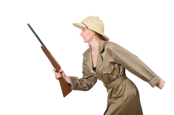 Woman wearing safari hat on white — Stock Photo, Image