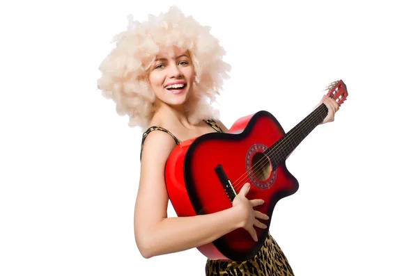 Mujer tocando la guitarra aislada en blanco —  Fotos de Stock