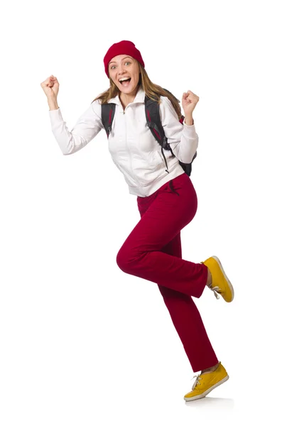 Funny student with backpack isolated on white — Stock Photo, Image