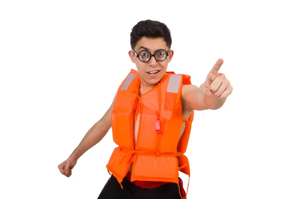 Grappige man draagt oranje veiligheidsvest — Stockfoto