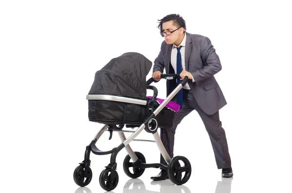 Vicces apa babával és babakocsi fehér — Stock Fotó