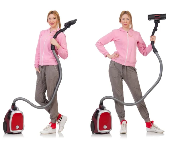 Young woman with vacuum cleaner on white — Stock Photo, Image