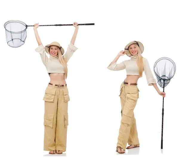 Woman with catching net on white — Stock Photo, Image