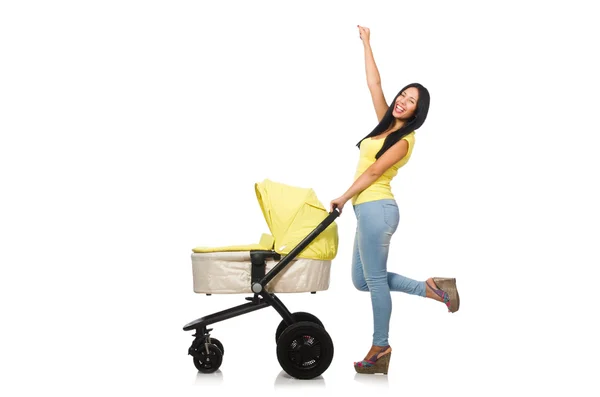 Woman with baby and pram isolated on white — Stock Photo, Image